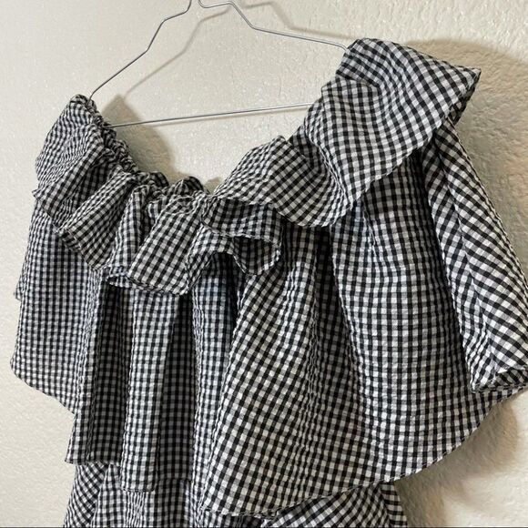 MLM Label Gingham Tiered Ruffle Off Shoulder Black and White Mini Dress - Picture 3 of 14
